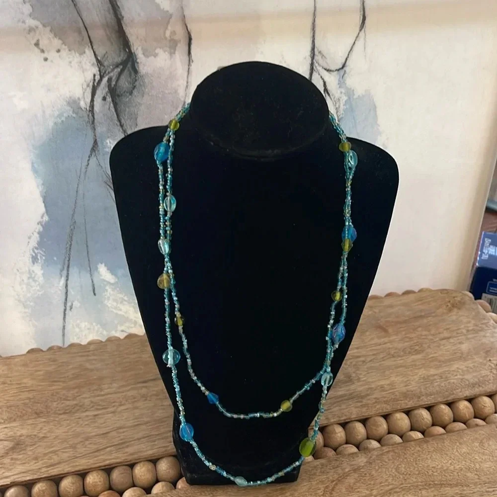 Beaded long necklace glass blue green boho casual